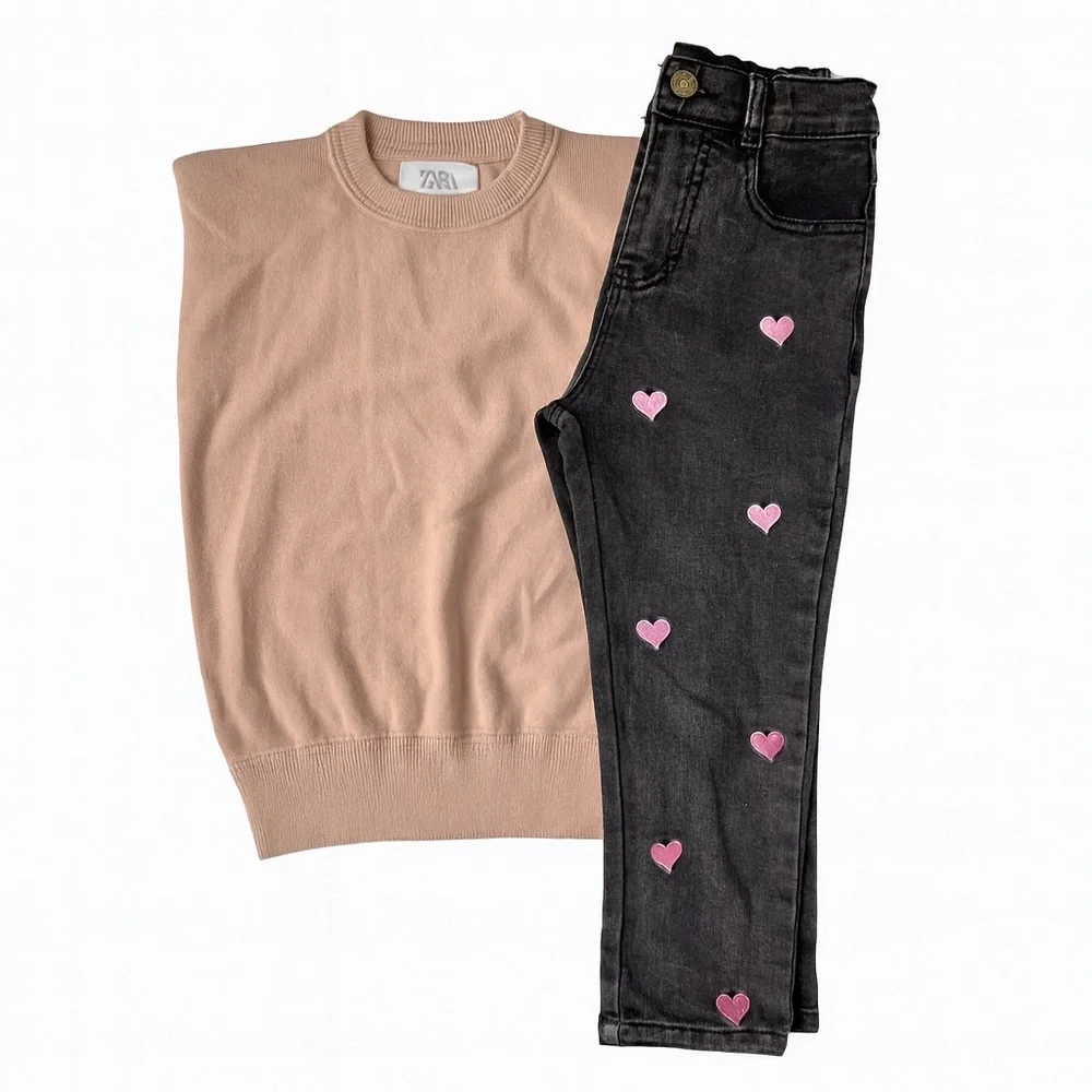 Lola & the Boys Heart Jeans + Zara Pink Knit Sleeveless Sweater Bundle Sz 6 - Picture 1 of 9